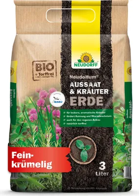 A bag of Neudorff NeudoHum potting soil for seeds and herbs.