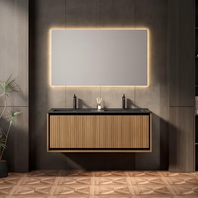 Produktbild von 121cm Wandhalterung Badezimmer-Waschtisch mit 2 rechteckigen Waschbecken aus schwarzem Harz, Vertikale gestreift Sperrholzschrank mit 2 Schubladen, vormontiert, Espresso-Holzmaserung Farbe