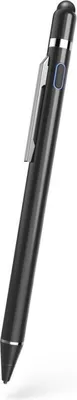 A black stylus pen with a silver clip and accents, shown against a white background.