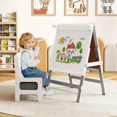 Image de COSTWAY Chevalet pour enfants avec chaise, tableau pour enfants réglable en hauteur avec ardoise & tableau blanc, barres magnétiques & panier de rangement, pour enfants 3+ Gris