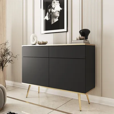 Produktbild von Kommode Sideboard FORNO Schwarz Gold Glamour Art Deco 2-türig 2 Schubladen Goldene Füße