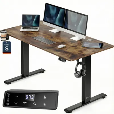 Image de CASARIA® Bureau électrique réglable en hauteur marron 120 x 60 cm écran LCD 72 - 117 cm bureau assis debout structure résistante ajustable porte gobelet chargeur sans fil