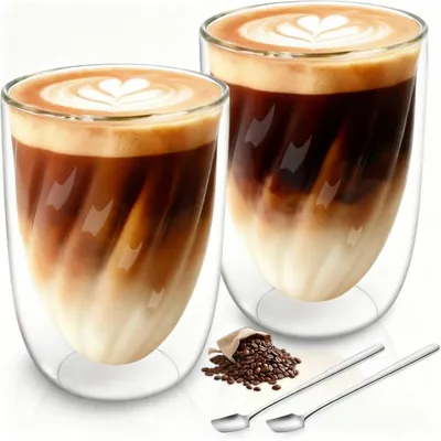 Image de Verres à Latte Macchiato, double paroi, 350 ml, lot de 2 avec 2 cuillères, en verre borosilicaté, isolants
