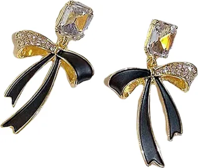 Produktbild von Paar baumelnde Ohrringe, glänzende Strasssteine, eingelegt, funkelndes Temperament, geometrisch, für Damen, Schleife, Ohrstecker, Party-Schmuck, Geschenk für Hochzeit-Schwarz
