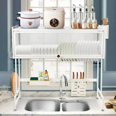 Produktbild von Zweistufiges Geschirr-Abtropfgestell für die Montage über der Spüle – großer Spülbecken-Organizer aus Edelstahl mit mehreren Körben und Utensilienhalter, 85 x 28 x 77 cm, Weiß