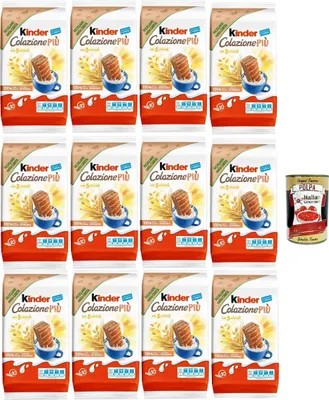 A collection of Kinder Colazione Più snack packages and a can of tomato pulp.