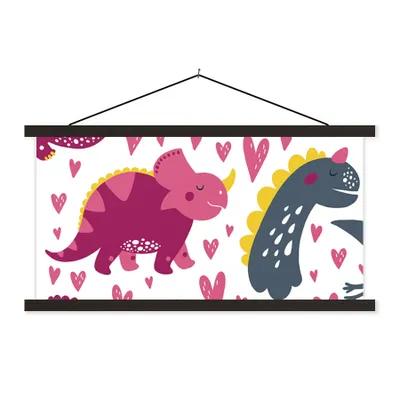 Produktbild von MuchoWow® Textilposter Dino - Herz - Muster - Rosa - Mädchen - Dinosaurier 90x45 cm mit schwarzem Rahmen - Klemmleisten