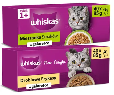 Zdjęcie produktu dla Whiskas Adult Mix Smaków 40x85g + Whiskas Drobiowe Frykasy 40x85g Mokra Karma Dla Kota w Galaretce