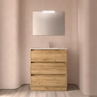 Image de BALTIC, ensemble complet 800, 3 tiroirs, bois africain, comprenant : meuble sous vasque, vasque, miroir et éclairage