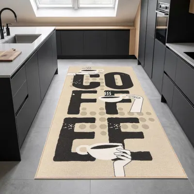 Produktbild von Küchenläufer Beige mit Coffee-Schriftzug und Tassenmotiven für die Küche Größe - 80 x 150 cm