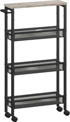 Image de Étagère mobile à 4 niveaux avec poignée, espace de rangement, dimensions : 13 x 45,4 x 77 cm, couleur : gris et noir