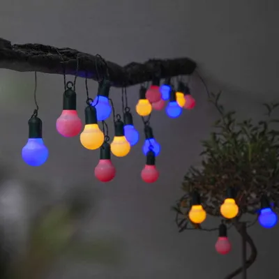 Colorful LED party lights are strung across a branch and a small tree, creating a festive outdoor atmosphere.