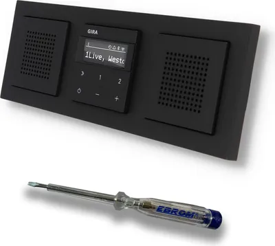 Produktbild von Gira Unterputz IP Internetradio 232003 + Bluetooth Komplett-Set mit 2 x Lautsprecher - E2 schwarz matt mit 3fach Rahmen Gira 021309 inkl. EBROM Phasenprüfer zur Montage der Geräte