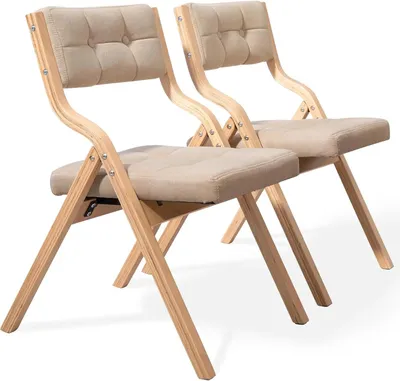 Immagine prodotto di Sedie pieghevoli - Sedia da pranzo con gambe in legno - Beige - Set da 2 - Seduta imbottita - Rivestimento in tessuto - Legno massello - Salvaspazio