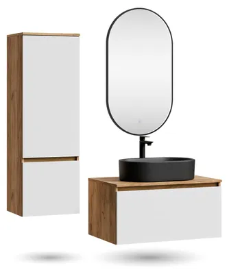 Produktbild von ARISA Badmöbel Set inkl. Hochschrank in Weiß - mit "Glora" LED Spiegel und schwarzem Keramik-Aufsatzwaschbecken 55 cm