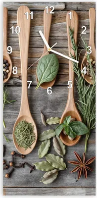 Produktbild von Wanduhr aus Glas mit Motiv Holzlöffel und Kräuter- 30 x 60 cm - inkl. Aufhängesystem