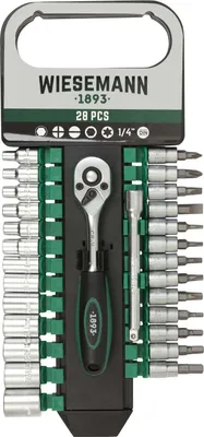 Image de WIESEMANN 80102 | Lot Cliquet et Douilles 28 Pièces Avec Support | Acier Au Chrome-Vanadium | Cliquet 1/4" | Rallonge 100 mm | 8 à 32 mm | Douilles 6 Pans et Bit