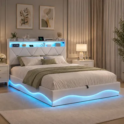 Immagine prodotto di Letto imbottito INONEFT 160x200 cm con LED/USB, letto a molle con spazio contenitore idraulico, letto matrimoniale con spazio contenitore nella testiera, letto per ragazzi con rete a doghe, color beige