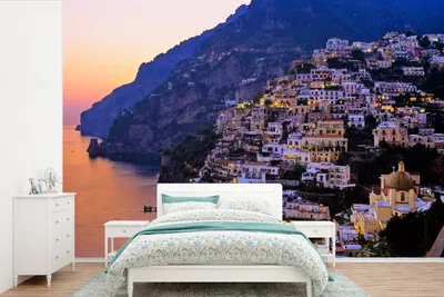 Produktbild von MuchoWow® Fototapete für Wohnzimmer oder Schlafzimmer Wandtapete Vinyl Motivtapete Positano an der Amalfiküste bei Sonnenuntergang - 390x260 cm - Papiertapete