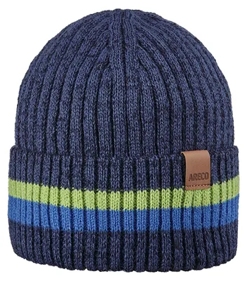 Areco melierte Kinder Beanie Strickmütze Streifen & Umschlag in blau