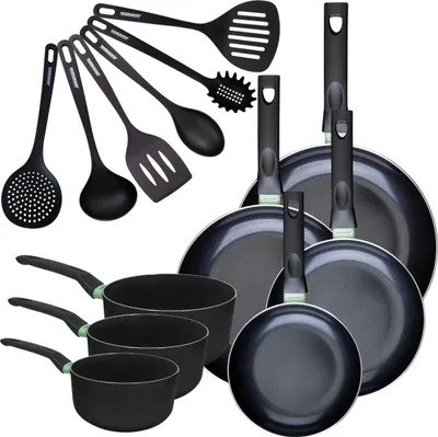 Image de Set de 4 poêles 20 24 28 et 30 cm et 3 casseroles 16, 18 et 20 cm antiadhésives céramique et 6 ustensiles Fackelmann Brandao