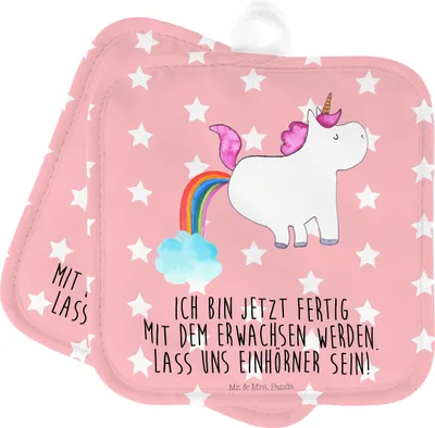 Produktbild von Mr. & Mrs. Panda Topfuntersetzer Einhorn Pupsen - Rot Pastell - Geschenk, Unicorn, Kochlappen, Pups, Freundin, Topflappen Set, im Doppelpack, Regenbogen, topfhalter