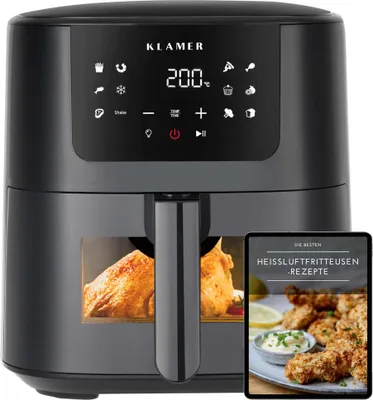 KLAMER Heißluftfritteuse 5l XL, Heissluftfritteuse mit Sichtfenster & Schüttel-Erinnerung, Ölfreier 1500W Airfryer mit LED-Touchscreen, digitalem deutschen Rezeptbuch und spülmaschinenfestem Korb