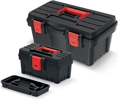 Produktbild von Kistenberg Werkzeugkasten-Set 2-teilig, Schwarz, ABS, mit Werkstattträger, Bit-Halter & Organizerfächern, ergonomische Griffe, stabile Verschlüsse für Werkzeuge & Kleinteile (Kdr3020M+Kdr5025N)