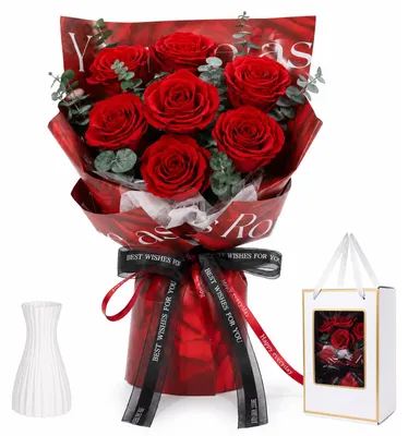 Konserviertes Rosenbukett, 7 rote Rosen mit Vase, Dekoration