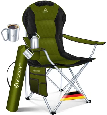 Produktbild von KESSER® Campingstuhl faltbar bis 150 kg Angelstuhl Faltstuhl Klappstuhl Gepolstert mit Armlehnen, Getränkehalter + Tasche mit hoher Rückenlehne, Strandstuhl, Klapphocker