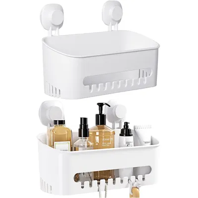 Produktbild von 2 Stück Duschkorb mit Saugnapf, Duschregal, abnehmbar und ohne Bohren, robuste Ablage für Bad, Shampoo und Spülung, Weiß