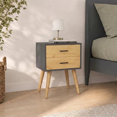 Produktbild von VCM Nachttisch mit 2 Schubladen, 45 x 30 x 70 cm, Beistelltisch im Retro-Design mit Holzfüßen - Singol  XXL