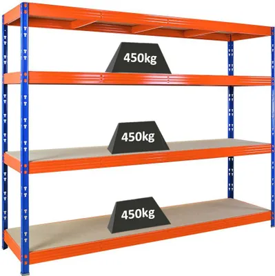 Produktbild von Profi Schwerlastregal Rhino | HxBxT 180x240x60cm | 4 Spanplatten-Ebenen 8mm | Fachlast 450kg | Blau/Orange