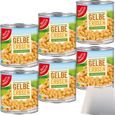 Produktbild von Gut & Günstig Gelbe Erbsen mit Suppengrün 6er Pack (6x800g Dose) + usy Block