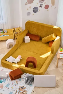 Productafbeelding van Hanah Home, hoogwaardig kinderbed van ribfluweel, mosterdgeel, 115x90x210 cm, 100% veilig