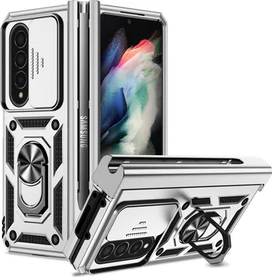 Produktbild von Galaxy Z Fold4 Hülle mit Schiebe Kamera Schutz und Ringhalter Ständer Robust Rüstung Schutzhülle für Samsung Galaxy Z Fold 4 5G Silber
