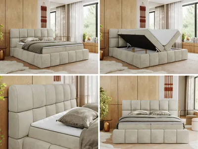 Produktbild von MKS MEBLE Boxspringbett, Doppelbett NIRA mit dekorativem Kopfteil, Multipocket-Matratze und Topper, Polsterbett mit Bettkästen - 200 x 200 cm - H4 - Beige Velvet