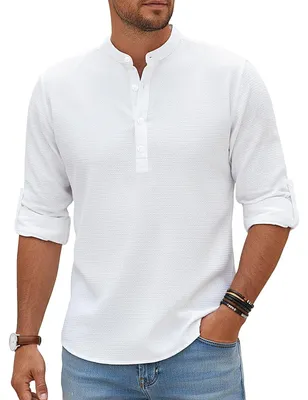 Productafbeelding van Heren Henley Shirt met Lange Mouwen, Lichtgewicht en Ademend voor de Zomer