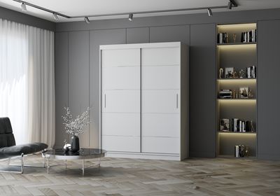 Schwebetürenschrank Kleiderschrank Schrank 150 cm Weiß/Weiß ohne Spiegel mit Zierleisten Vista 06
