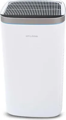 A white air purifier with a silver top grille.