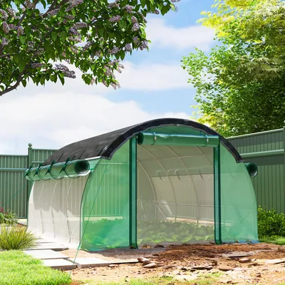 Produktbild von Polytunnel-Gewächshaus mit Sonnenschutznetz, Tunnelgewächshaus Folie, Tomatenhaus, Grün | 400 x 300 x 198 cm | 140 g/m² UV-Folie | Stahl