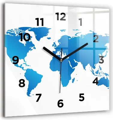 Produktbild von Wallfluent Große Wanduhr – Stilles Quarzuhrwerk - Uhr Dekoration Wohnzimmer Schlafzimmer Küche - Zifferblatt - schwarze Zeiger - 60 cm - Weltkarte