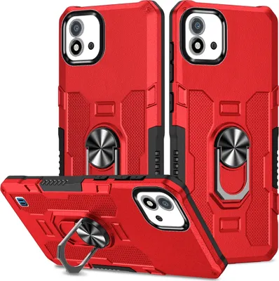 A red phone case with a ring holder is displayed from multiple angles against a white background.