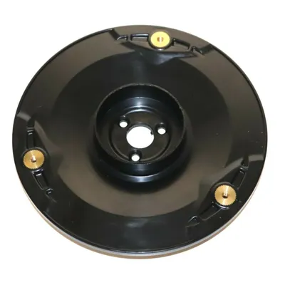 A black circular lawn mower part with gold screws on a white background.