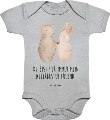 Produktbild von Mr. & Mrs. Panda Strampler Baby Bär und Hase Umarmen 3. - 6. Monat - Heather Grey - Geschenk, Best Friends, Einteiler, babykleidung body, Umarmung, Beste Freundin