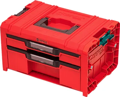 A red Qbrick toolbox with two drawers is shown against a white background.