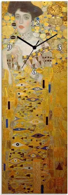 A vertical clock featuring Gustav Klimt's "The Woman in Gold" painting.