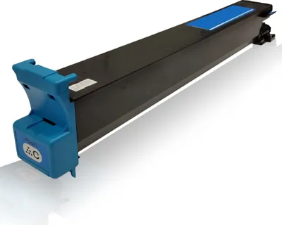 A cyan toner cartridge is shown against a white background.