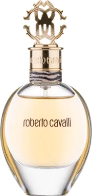 A studio shot of a Roberto Cavalli Eau De Parfum spray bottle.