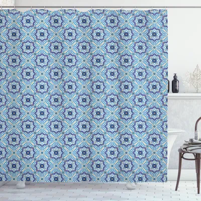 Produktbild von ABAKUHAUS marokkanisch Duschvorhang, Traditionelle Mosaik Muster in Orientalischer Stil Wiederholendes Muster, 175 x 220 cm, Blau Orange Weiß